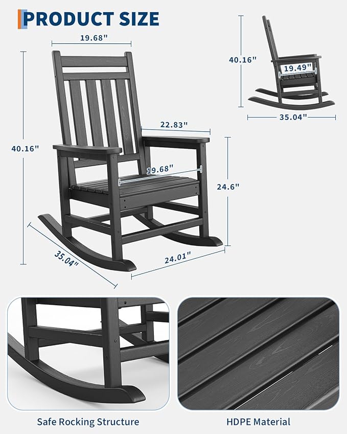 GarveeLife Poly Lumber Rocking Chair Outdoor Set of 6 - HDPE High Back Porch Rocker Chairs for Adults - All Weather Resistant Furniture for Patio - Black