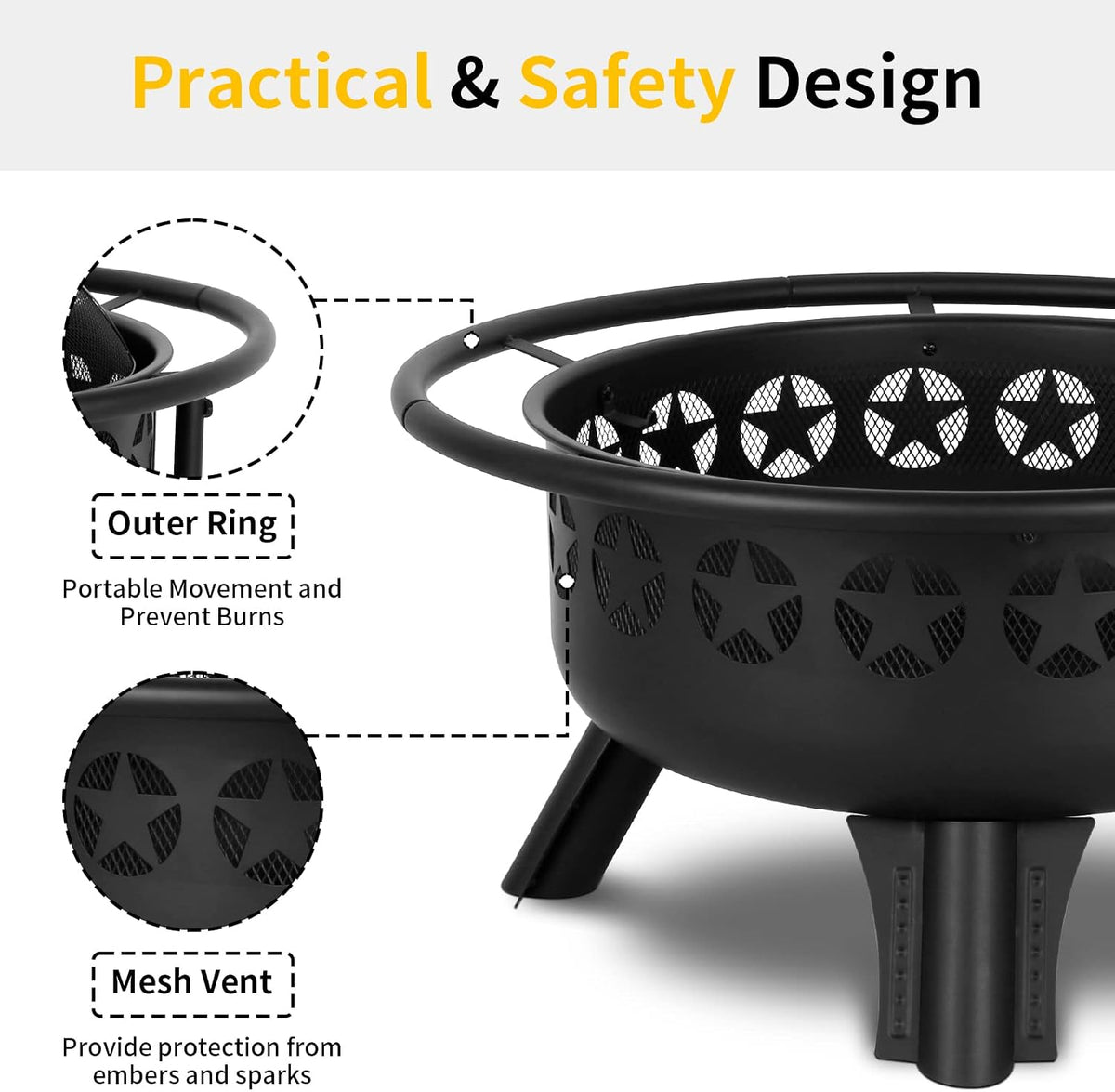 hykolity 2 in 1 fire pit with grill, side view