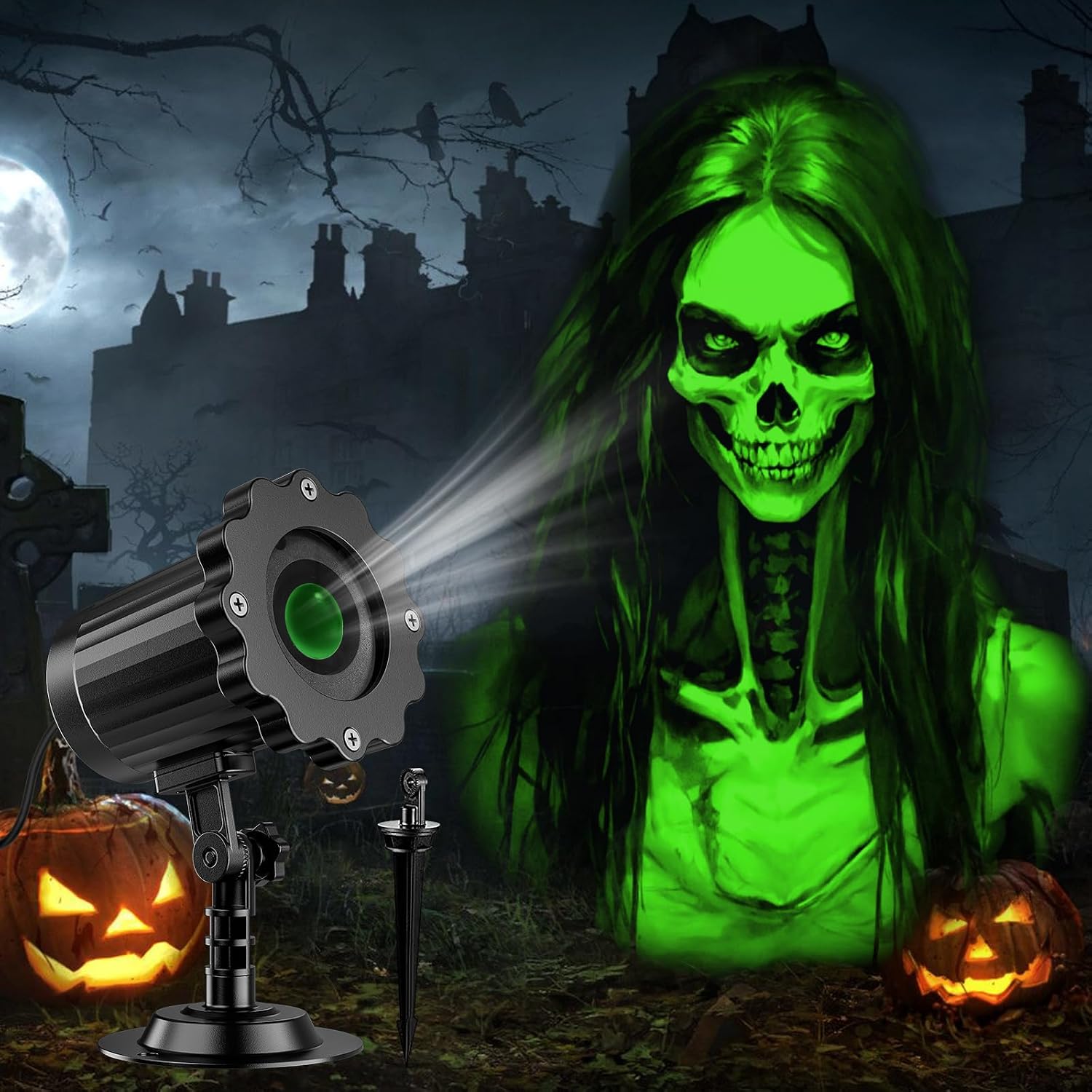 Halloween Projector Outdoor, 2026 Upgraded 3D Dynamic Skull HD Patterns,Clearer Holiday Light Ideal for Window Wall Displays and Halloween Garage Door Cover Projections