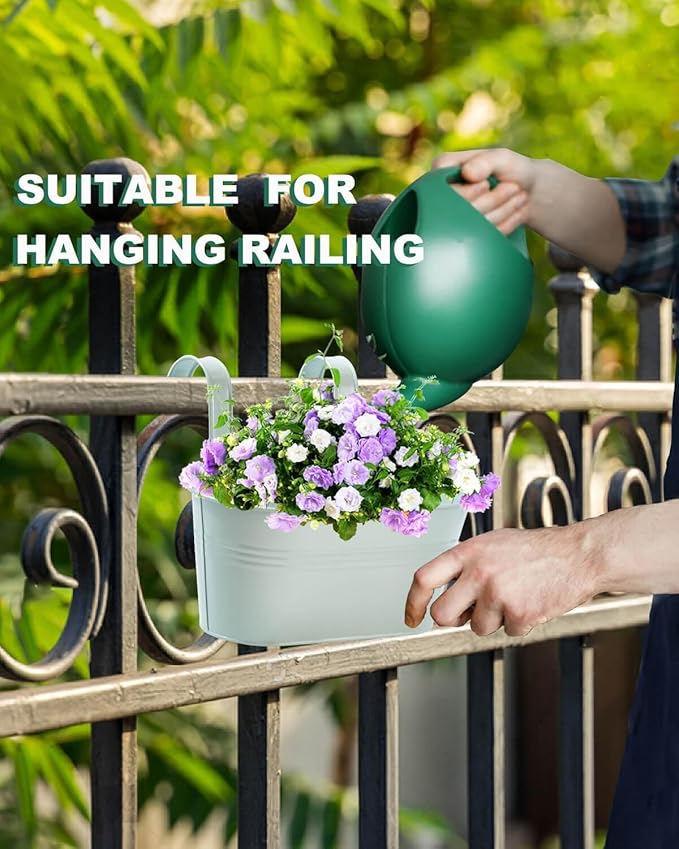 vensovo Metal Railing Planter for Outdoor Plants - 3 Pack Balcony Hanging Planter Box with Detachable Hooks and Drain Holes Oval Hanging Pots Fence Planters for Railing Garden Fence, Green