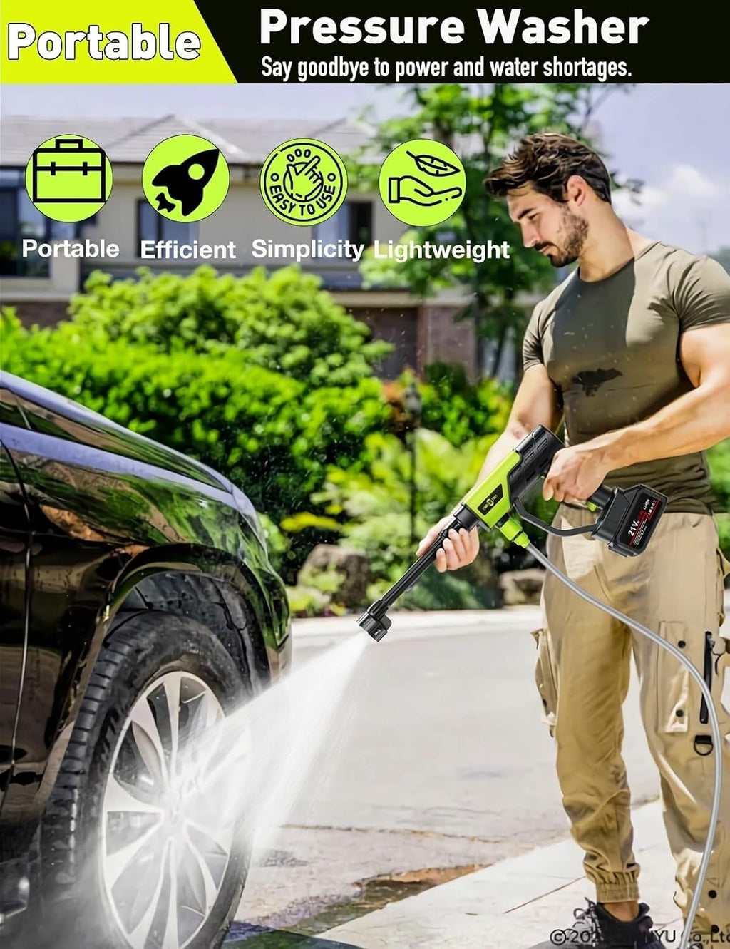 cordless portable washer, lightweight portable power washer shown in use