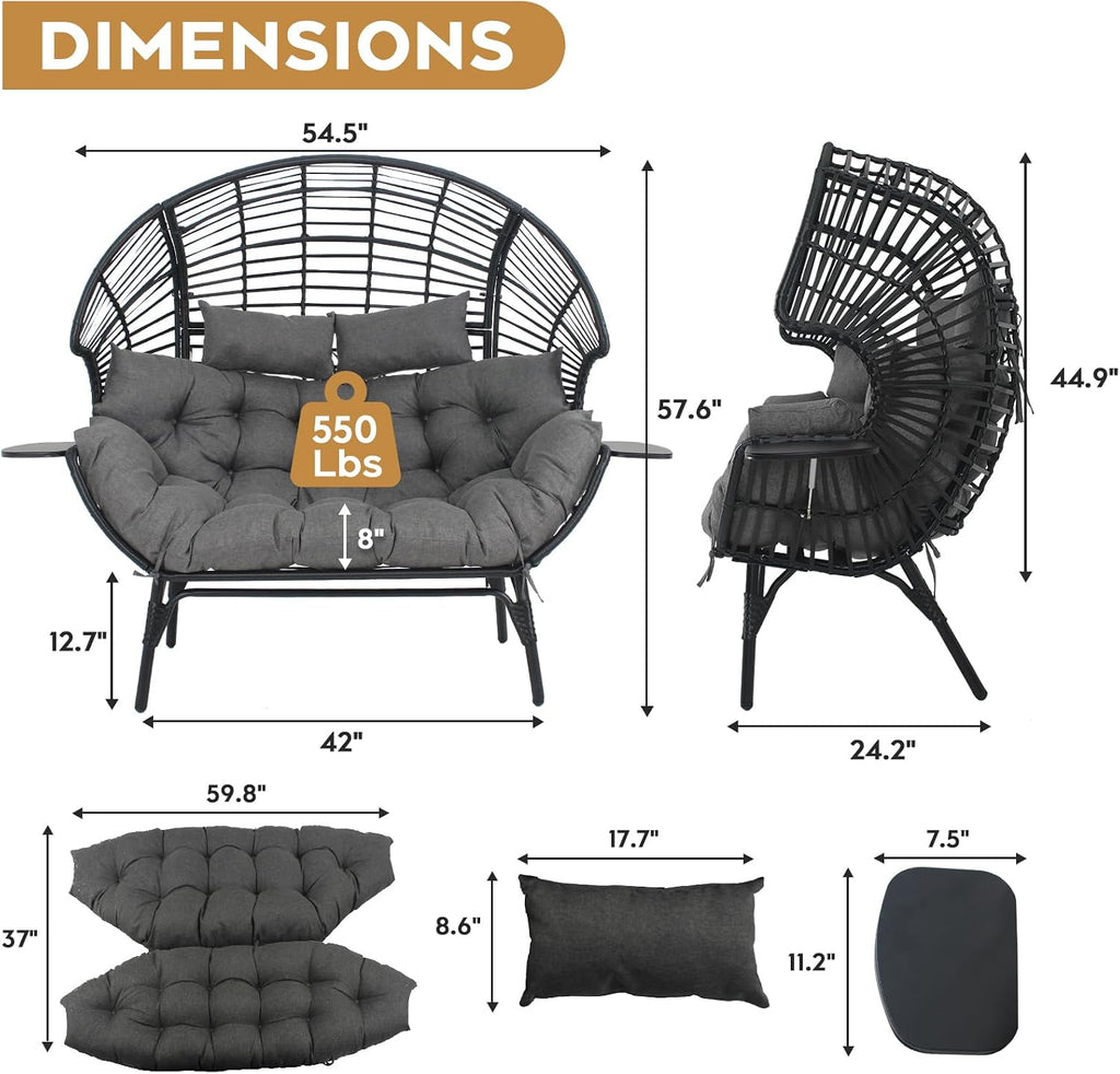 Double Egg Chair Outdoor Indoor 2 Person Wicker Egg Lounge Chair with Foldable Cup Holder Cushion Rain Cover Patio Oversized Loveseat for Balcony Porch Backyard