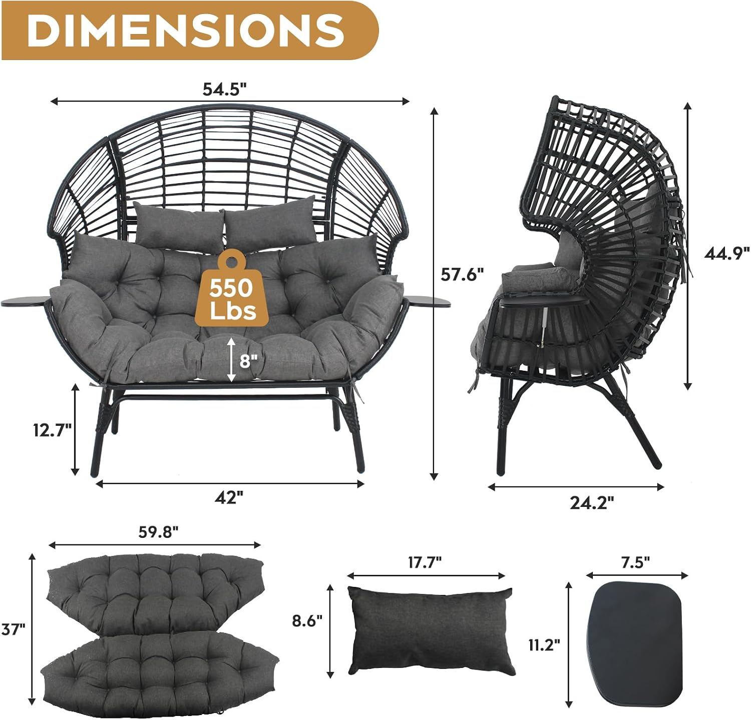 Double Egg Chair Outdoor Indoor 2 Person Wicker Egg Lounge Chair with Foldable Cup Holder Cushion Rain Cover Patio Oversized Loveseat for Balcony Porch Backyard