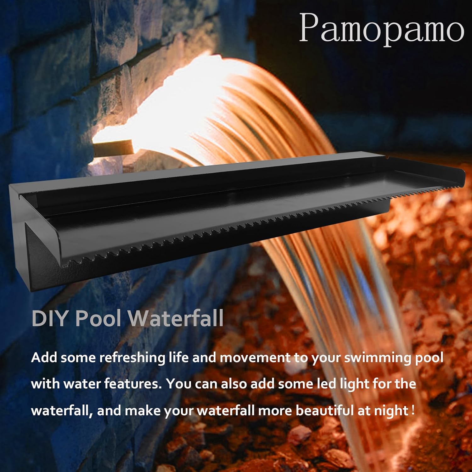 Pamopamo Pond Waterfall Spillway Pool Fountain Water Feature, Black Stainless Steel Outdoor Fountains, Swimming Pool Water Flow Waterfalls Kit for Garden Patio Ponds-11.8"x7.8"x3.9"(NO Light)