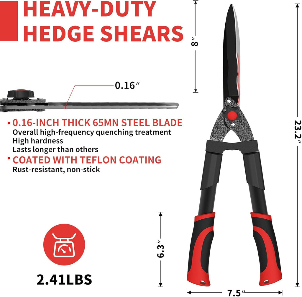 GARTOL 23-Inch Hedge Shears, Manual Garden Clippers with 9" High Carbon Steel Wavy Blade, Heavy Duty Bush Trimmers with Shock-Absorbing Bumpers & Adjustable Tension, Easy-Grip Handles