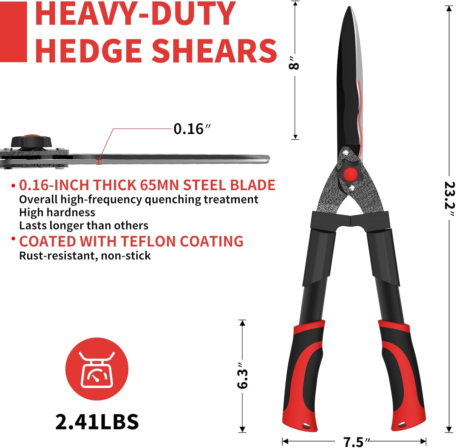 GARTOL 23-Inch Hedge Shears, Manual Garden Clippers with 9" High Carbon Steel Wavy Blade, Heavy Duty Bush Trimmers with Shock-Absorbing Bumpers & Adjustable Tension, Easy-Grip Handles