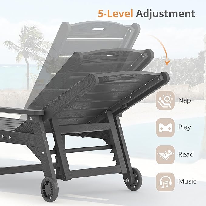 LUE BONA Outdoor Chaise Lounge Chairs Set of 2, HDPS Chaise Lounger, 5 Positions Adjustable Lounge Chairs, Pool Lounge Chair with Wheels for Poolside, Hotel, Restaurant, 3 Year Warranty, Dark Gray
