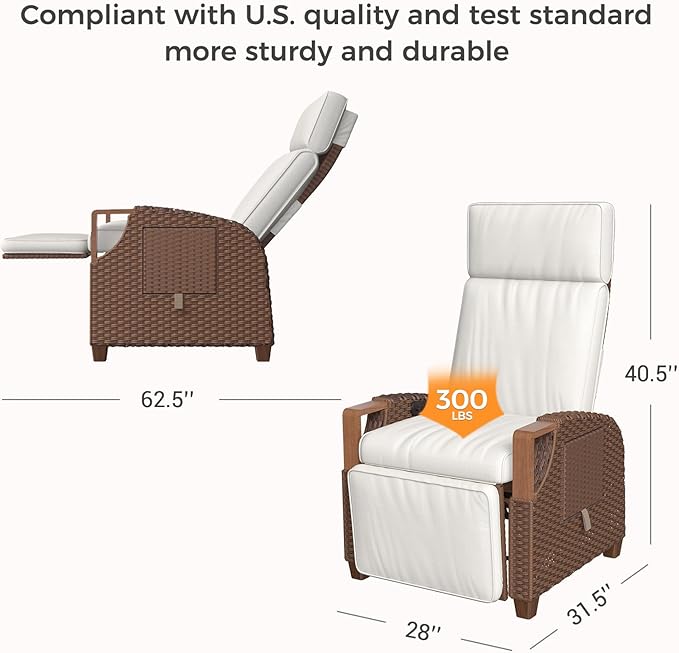 Grand patio Outdoor Recliner Air Pump 150° Lay Flat Reclining Chair with Independent Adjustable Back and Footrest Removable Olefin Cushion Flip-Up Table Wicker Creamy White 2PCS