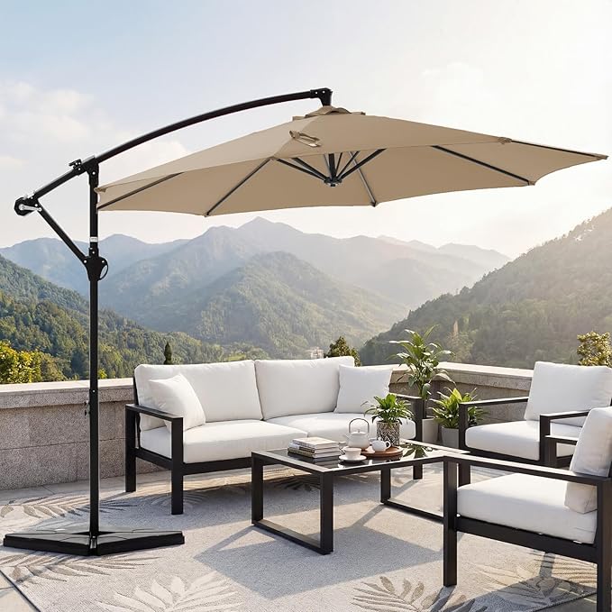 OLIXIS 9.7FT Offset Patio Umbrella with Base, Cantilever Table Umbrellas for Outdoor Sun Shade UV Protection with Easy Tilt Adjustment, 8 Ribs for Backyard, Lawn, Garden, Pool - Khaki