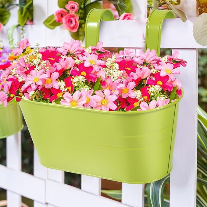 OBTANIM 4 Pack Metal Hanging Flower Pots Iron Railing Planter Outdoor Fence Hanging Pots Bucket Plant Holder with Detachable Hooks Drain Holes for Home Garden Yard Decor (Green)