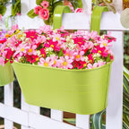 OBTANIM 4 Pack Metal Hanging Flower Pots Iron Railing Planter Outdoor Fence Hanging Pots Bucket Plant Holder with Detachable Hooks Drain Holes for Home Garden Yard Decor (Green)