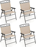 GIANTEX Set of 4 Patio Folding Chairs, Outdoor Dining Chairs for Camping, Beach, Backyard, Deck, Portable Dining Chair w/Armrest and Metal Frame, Beige