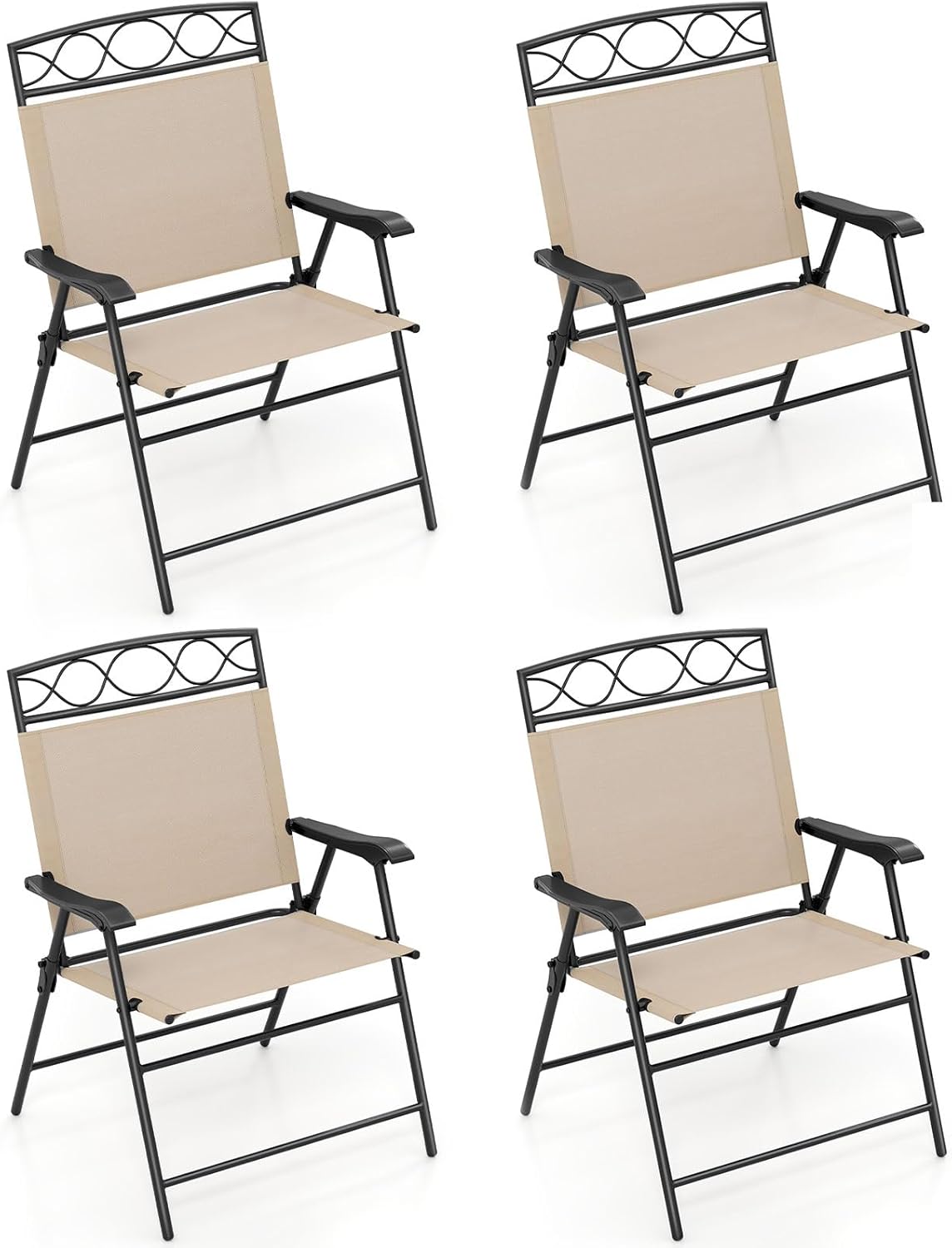 GIANTEX Set of 4 Patio Folding Chairs, Outdoor Dining Chairs for Camping, Beach, Backyard, Deck, Portable Dining Chair w/Armrest and Metal Frame, Beige