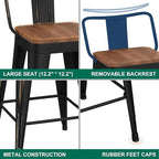 WENTMENT Bar Stools Set of 4 Counter Height Bar Stools Metal Barstools with Removable Back 30" Kitchen Bar Stools with Wooden Seat, Distressed Black
