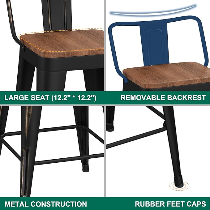WENTMENT Bar Stools Set of 4 Counter Height Bar Stools Metal Barstools with Removable Back 26" Kitchen Bar Stools with Wooden Seat, Distressed Black