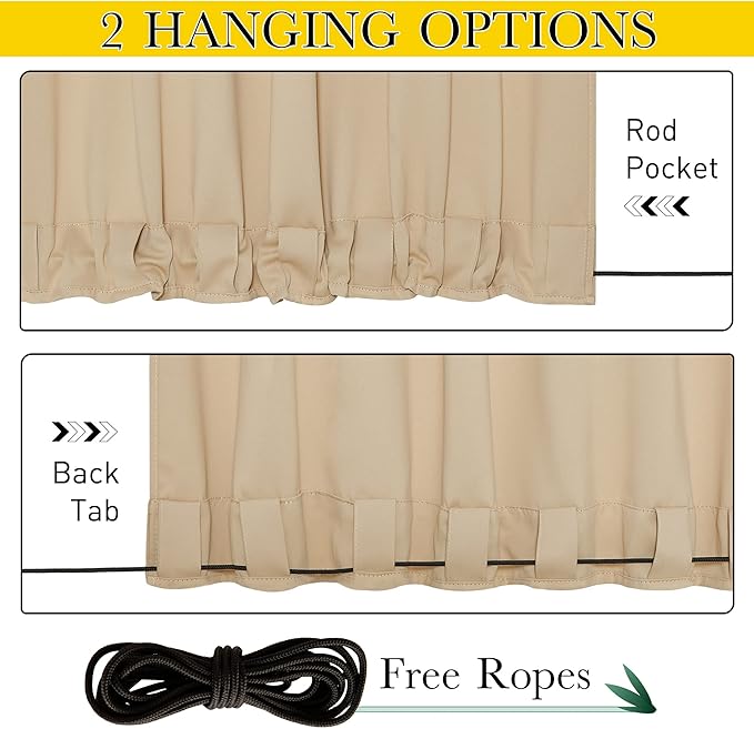 NICETOWN 2 Panels Outdoor Curtains for Patio Waterproof & Windproof, Thermal Insulated Top & Bottom Grommet & Back Tab Light Block Outdoor Drapes with Bouns Rope for Fixed, Biscotti Beige, W46 x L90