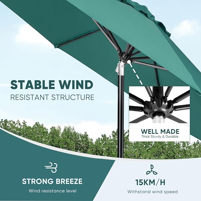 Tempera Patio Market Outdoor Table Umbrella with Auto Tilt and Crank, Large Sun Umbrella with Sturdy Pole & Fade Resistant Canopy, Easy to Set