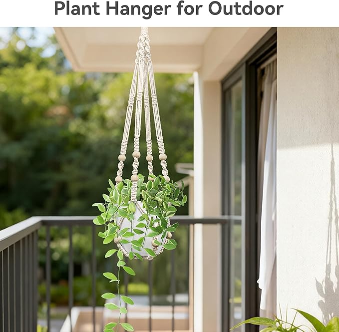 USLAI Macrame Plant Hanger Indoor Outdoor, Fits 4 to 15 Inch Pots, Strong Hanging Planter Holder, Boho Home Decor, 23+29+35 Inch, Ivory (POTS NOT Included)