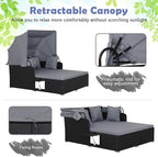 Tangkula Patio Rattan Daybed with Retractable Canopy, Outdoor Wicker Sunbed Lounger with 2 Foldable Side Tables, Thick Seat & Back Cushions, Outside Double Daybed for Garden, Backyard, Porch (Grey)