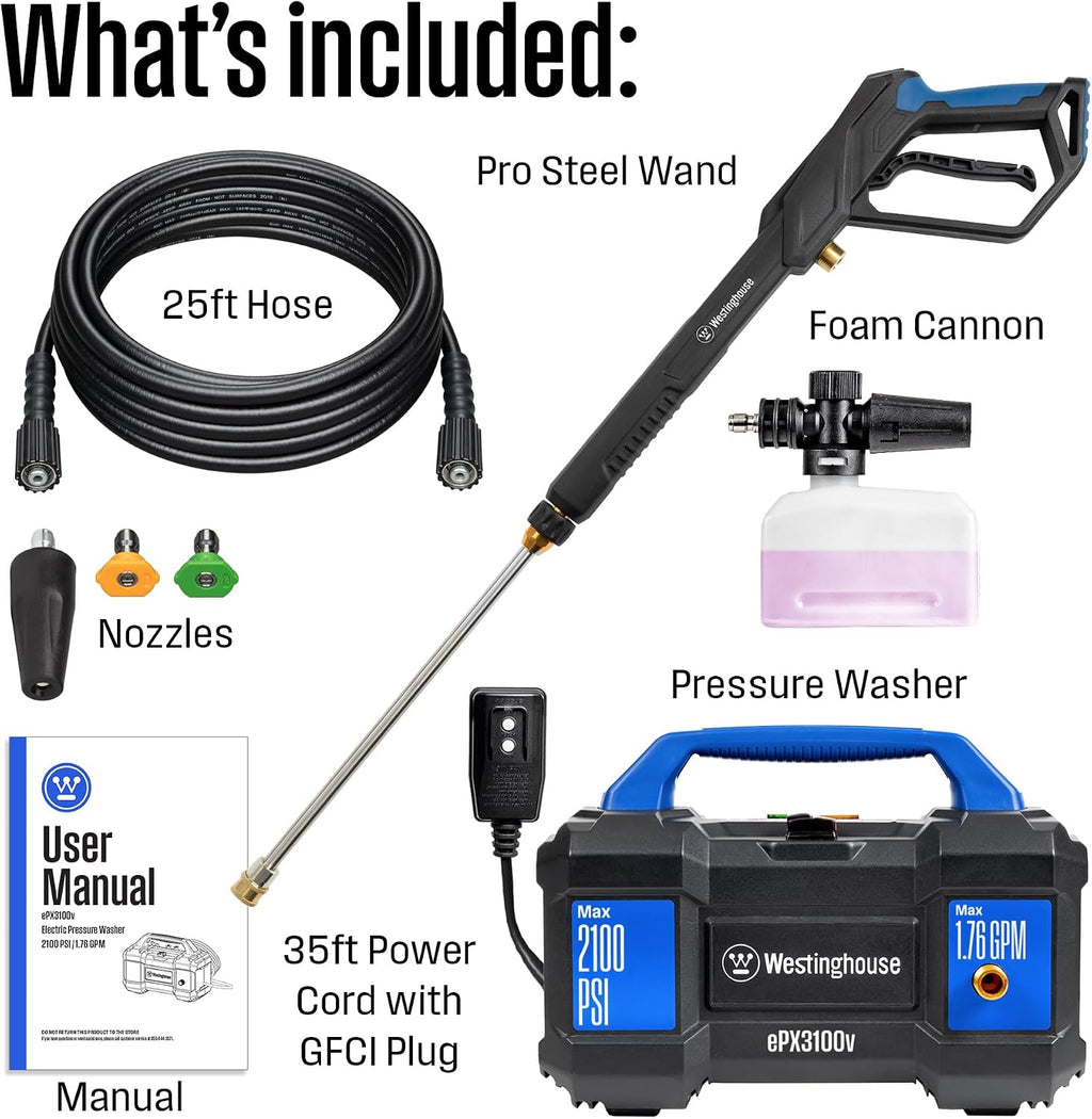 westinghouse epx3100v electric pressure washer, 2100 max psi, package contents