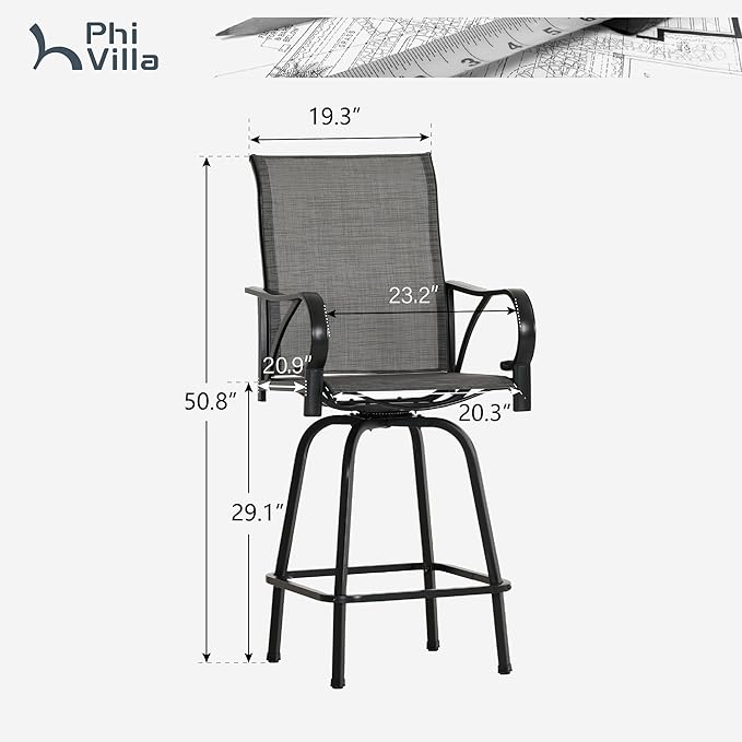 PHI VILLA Outdoor Bar Stools Swivel Set of 2, Outdoor Bar Height Tall Patio Chairs Grey with Armrest, High Top Patio Stools & Chairs with Sling Fabric for Outside Kitchen