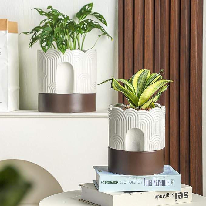 Nihow Self Watering Plant Pot: 8 Inch Ceramic Planter with Drainage Hole & Water Storage Plus - Relief Design Self Watering Pot for Indoor Plants - Beige & Brown Flower Pot