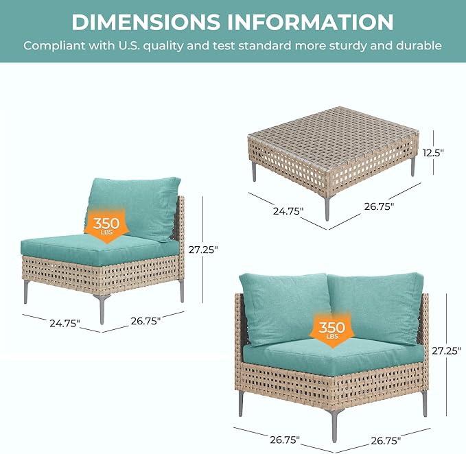 Grand patio 3-Piece Wicker Patio Furniture Set, Boho Outdoor Conversation Set Sectional Sofa with Water Resistant Thick Cushions and Coffee Table, Blue