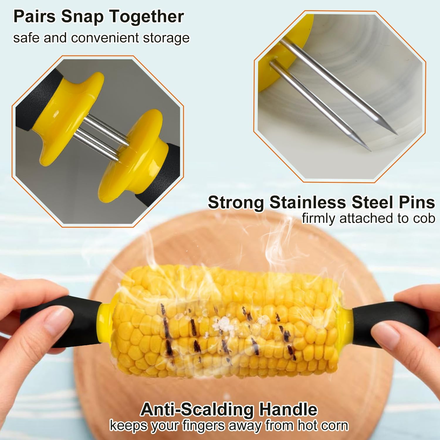 12 Pcs/6 Pairs Corn Holders, Stainless Steel Corn Cob Holders Corn on The Cob Skewers for Home Cooking BBQ Parties Camping, Yellow-Black