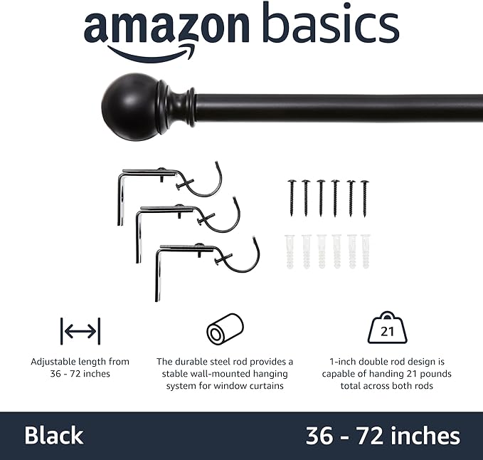 Amazon Basics Adjustable Curtain Rod for Windows with Round Finials, 1-Inch Rod, 36" to 72", Black, 1-Pack