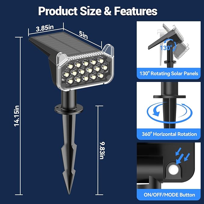 WdtPro Solar Spot Lights Outdoor Waterproof, Bright Solar Lights Outdoor with 16 Extra-Large LEDs, 3 Modes Landscape Spotlights, 2-in-1 Solar Powered Light for Yard Flag Garden, 6 Pack, Warm White