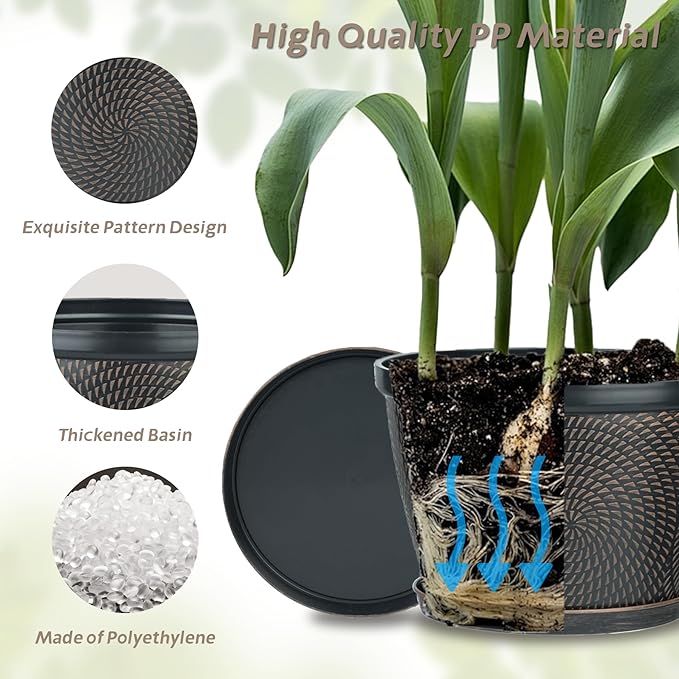 Quarut 12 Inch 4 Pack Large Plant Pots, Plastic Flower Pot for Indoor & Outdoor with Drainage Holes & Saucer, Circle Pattern Planters Garden Pots for Herbs