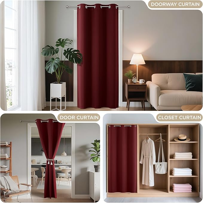 Joydeco Blackout Door Curtain for Doorway Privacy 78 Inches Long, Grommet Closet Curtain for Open Closet, Room Divider for Bedroom Living Room (Burgundy Red, 52Wx78L, 1 Panel)