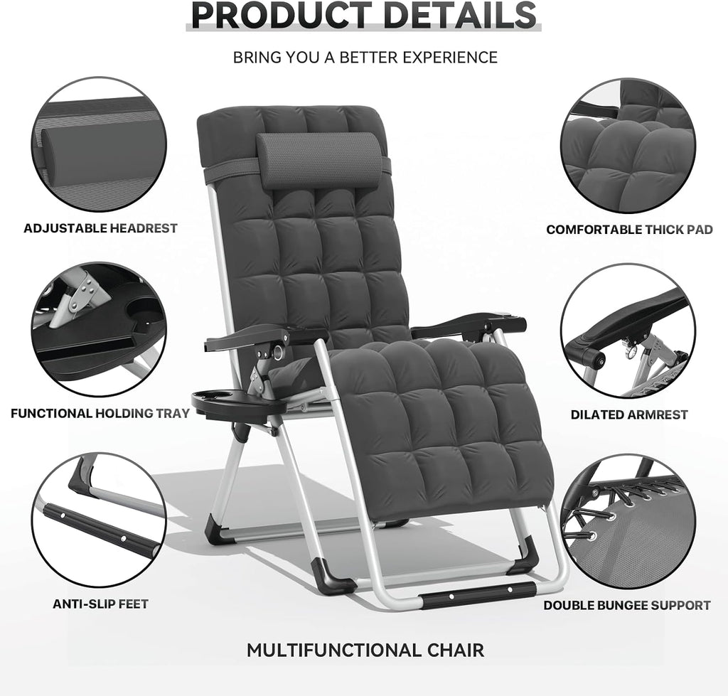 Zero Gravity Chair, Portable Outdoor Chair, Reclining Patio Lounge Chair with Adjustable Pillow and Cup Holder Trays for Outdoor, Patio, Beach, Camping, Garden, Poolside, Gray