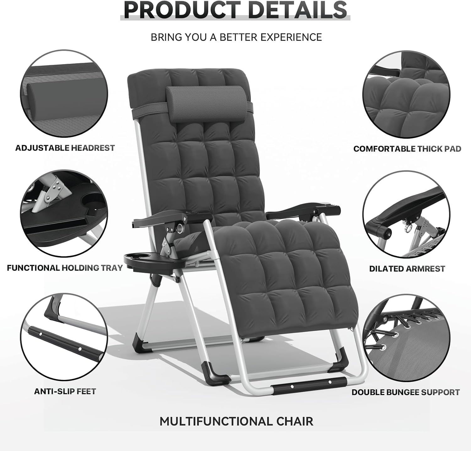 Zero Gravity Chair, Portable Outdoor Chair, Reclining Patio Lounge Chair with Adjustable Pillow and Cup Holder Trays for Outdoor, Patio, Beach, Camping, Garden, Poolside, Gray