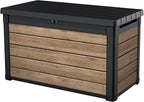 Keter Ashwood 100 Gallon Resin Deck Box Organization and Storage for Patio Furniture Outdoor Cushions, Throw Pillows, Garden Tools and Pool Toys, Brown