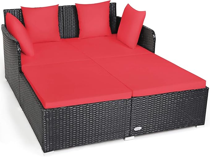 COSTWAY Outdoor Patio Rattan Daybed, Sponge Cushioned Loveseat Sofa with 4 Pillows, Wicker Furniture Sunbed for Balcony, Courtyard (Red)