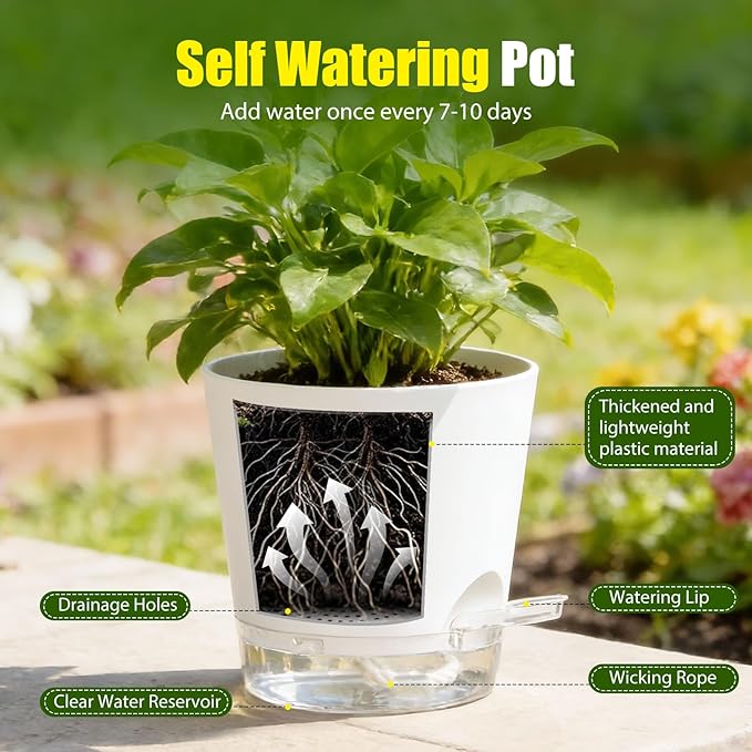 Plant Pots 8 Inch Self Watering Pots, 2 Pack Plastic Planters with Drainage Holes and Clear Saucers,Plastic Flower Pots for Indoor Out Door Plants(White)