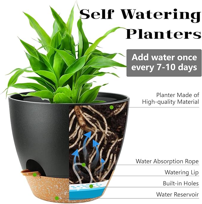 6-Pack Plant Pots with Drainage 5 Inch, Self Watering Pots for Indoor Plants, Planters for Indoor Outdoor Plants, Plastic Flower Pot, Planter for Indoor Outdoor (Black)