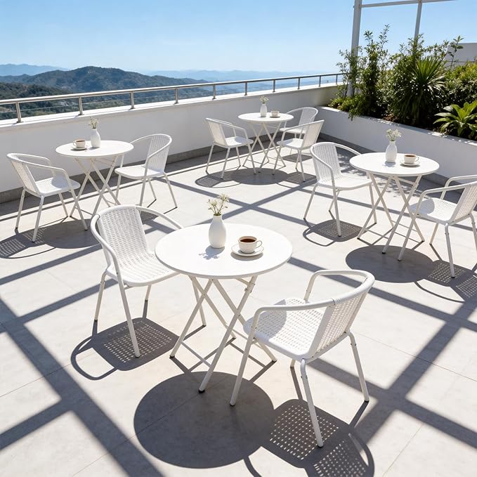 VINGLI PE Rattan Outdoor Dining Chairs Set of 4, Plastic Stackable Patio Chairs for Indoor, Porch, Restaurant, Garden, White