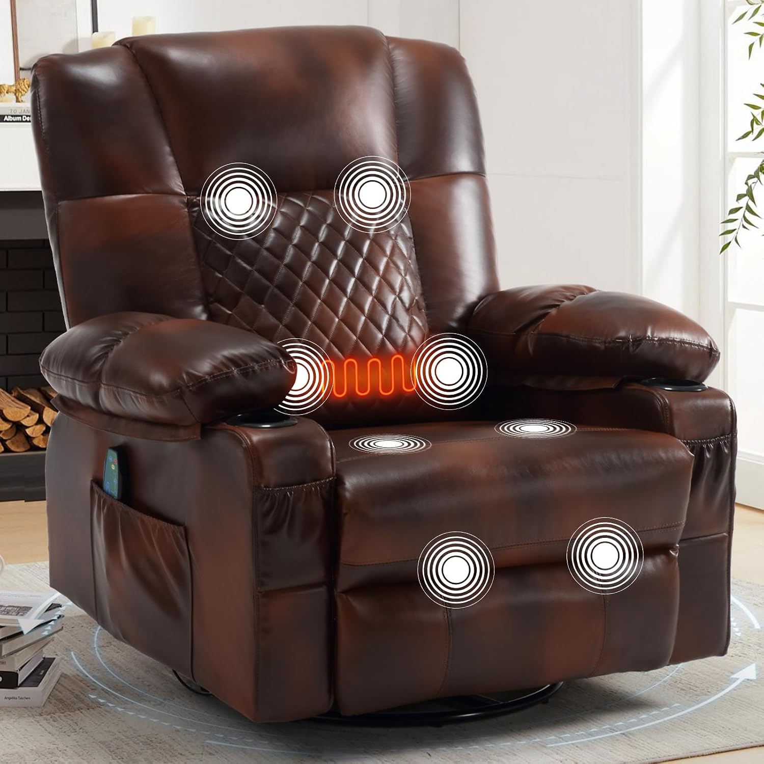 Oversized Swivel Rocking Recliner with Heat Massage Nursery Rocker | Overstuffed, Cup Holders, Nursery Glider, Rocking Reclining Lounge Chair, Swivel Heated Massaging Recliner, Faux Leather
