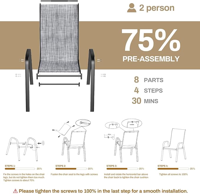 TLSUNNY Patio Chairs, Stackable Textilene Outdoor Dining Furniture for All Weather, with 17.7″ Wide Seat & Metal Frame, for Garden, Backyard, Deck, Restaurant, Poolside (8, Grey, 26.4″)