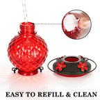 25 OZ Glass Hummingbird Feeder for Outdoors, Leak Proof Hummingbird Feeder with Ant Moat, 4 Bee Resistant Feeding Ports, Easy Clean Wide Mouth Design, Hanging Nectar Feeder, Red