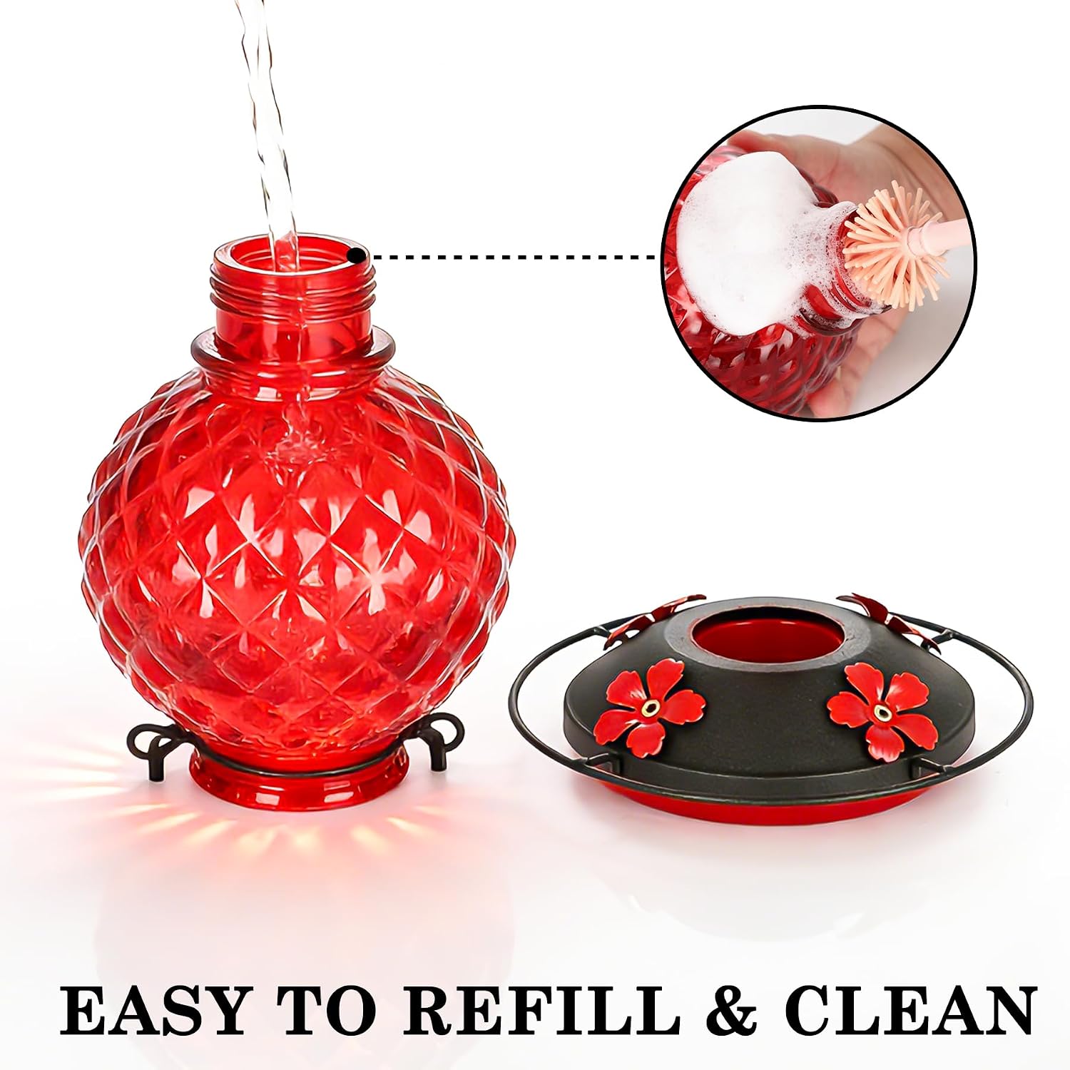 25 OZ Glass Hummingbird Feeder for Outdoors, Leak Proof Hummingbird Feeder with Ant Moat, 4 Bee Resistant Feeding Ports, Easy Clean Wide Mouth Design, Hanging Nectar Feeder, Red