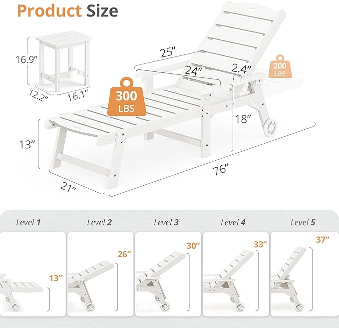 LUE BONA Chaise Lounge Chair with Table, 2-Piece, HDPS Chaise Lounger, 5 Positions Adjustable Lounge Chairs, Pool Lounge Chair with Wheels for Poolside, Backyard, White