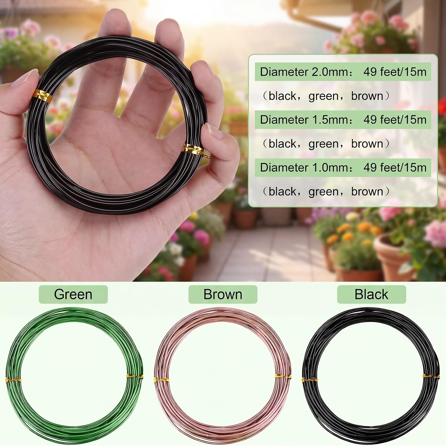 Zhanmai 9 Rolls Anodized Aluminum Bonsai Training Wires 3 Sizes (1.0, 1.5, 2.0 mm) Total 147 Feet Black Plant Training Wire for Fine Trunk Branch Control(Black, Brown, Green)