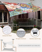 Sun Shade Sail 12'x16' Boho Floral Rectangle Sun Shade Sails Canopy Waterproof Mandala Flowers Plant Outdoor Sunshades Sand UV Block Cover Shade Cloth for Patio Backyard Garden Deck Porch Lawn