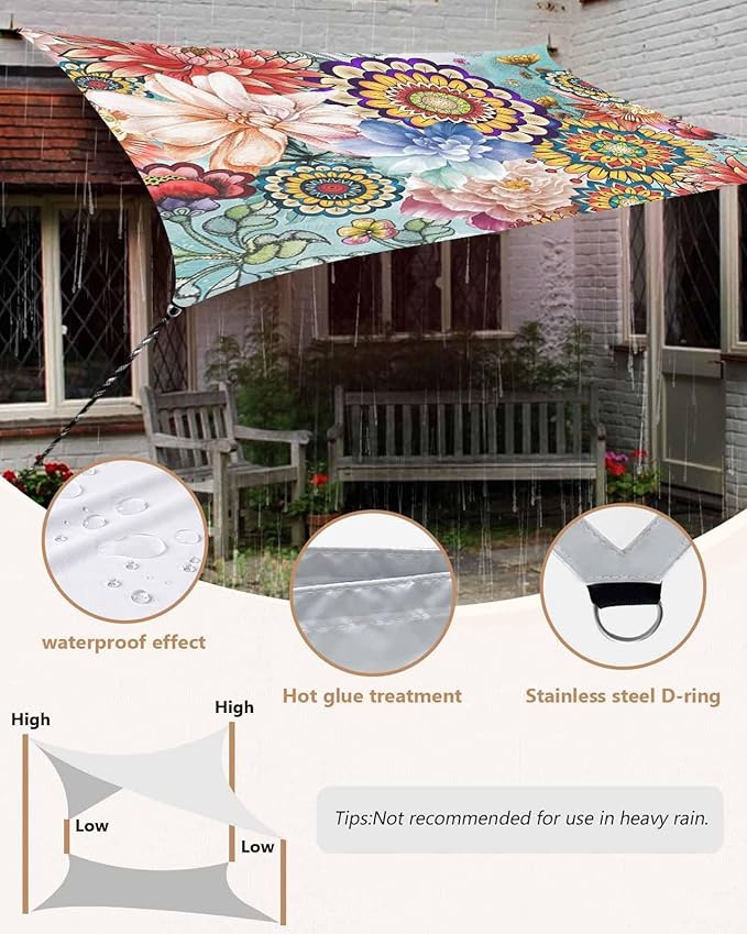 Sun Shade Sail 12'x16' Boho Floral Rectangle Sun Shade Sails Canopy Waterproof Mandala Flowers Plant Outdoor Sunshades Sand UV Block Cover Shade Cloth for Patio Backyard Garden Deck Porch Lawn