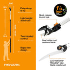 Fiskars 2-in-1 Extendable Tree Pruner and Pole Saw (Extends 7.9 - 12 feet) with Rotating Head, Pruning Stik Model with 15-Inch Double-Grind Saw Blade, and Double Locking System