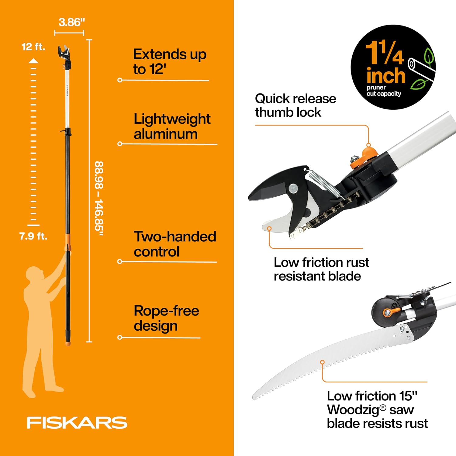 Fiskars 2-in-1 Extendable Tree Pruner and Pole Saw (Extends 7.9 - 12 feet) with Rotating Head, Pruning Stik Model with 15-Inch Double-Grind Saw Blade, and Double Locking System