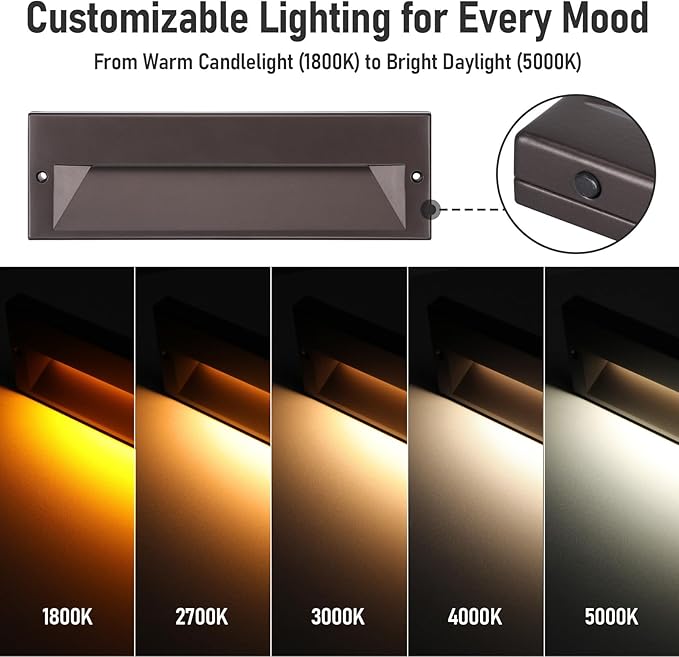 LEONLITE 12-Pack 10.6 Inch 5CCT LED Low Voltage Step Lights, 12–24V AC/DC 6W Surface Mount Ultra-Slim Landscape Stair Lights, IP65 Aluminum Outdoor Lighting for Decks, Hardscapes, Oil Rubbed Bronze